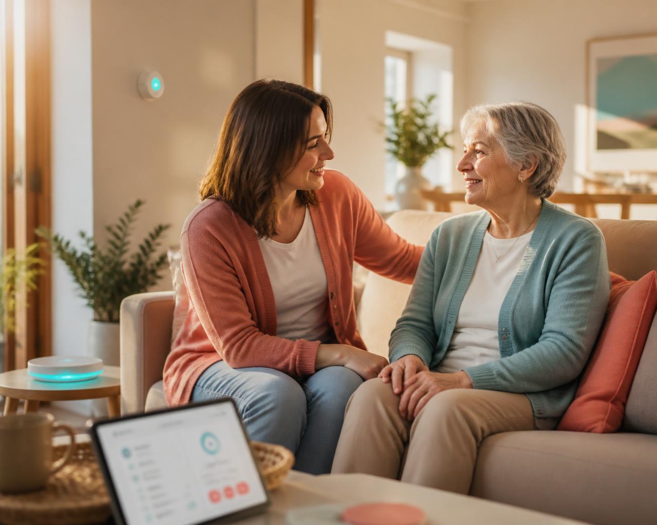 An older adult and family member sharing a calm moment at home, with subtle connected health technology in the background